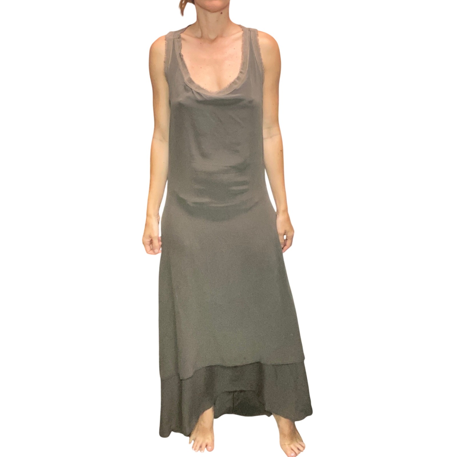 Isa Frignani Made In Italy 100% Silk Maxi Dress Olive Green Cowl Open Back